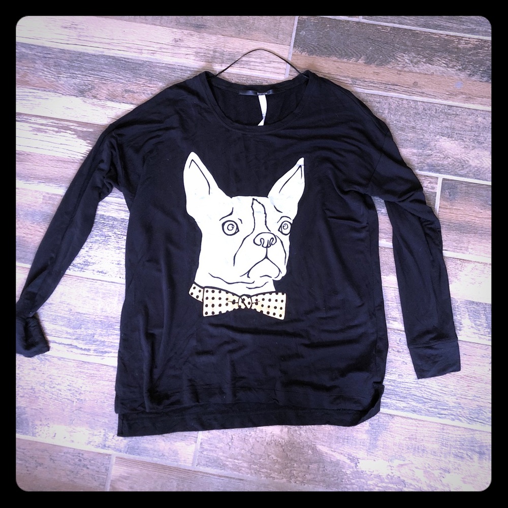 Kensie Black Long Sleeve Tee with Dog Print